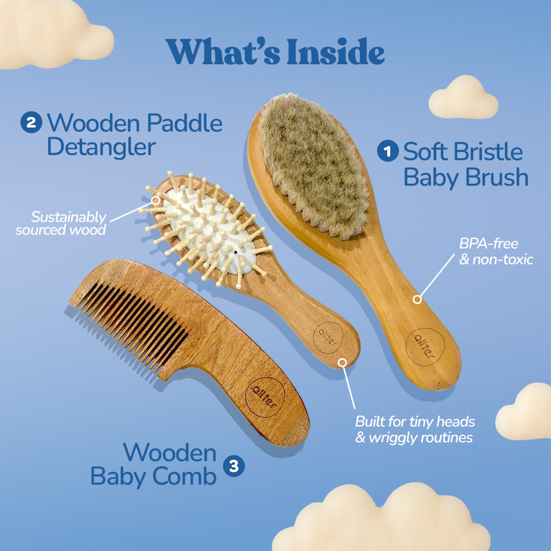 .allter Baby Hairbrush, Paddle Brush & Neem Comb – Set of 3