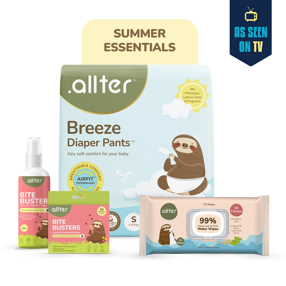 Summer Essentials Combo: Breeze Diapers, 99% Water Baby Wipes & Bite Buster Duo (Pack of 4)