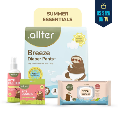 Summer Essentials Combo: Breeze Diapers, 99% Water Baby Wipes & Bite Buster Duo (Pack of 4)