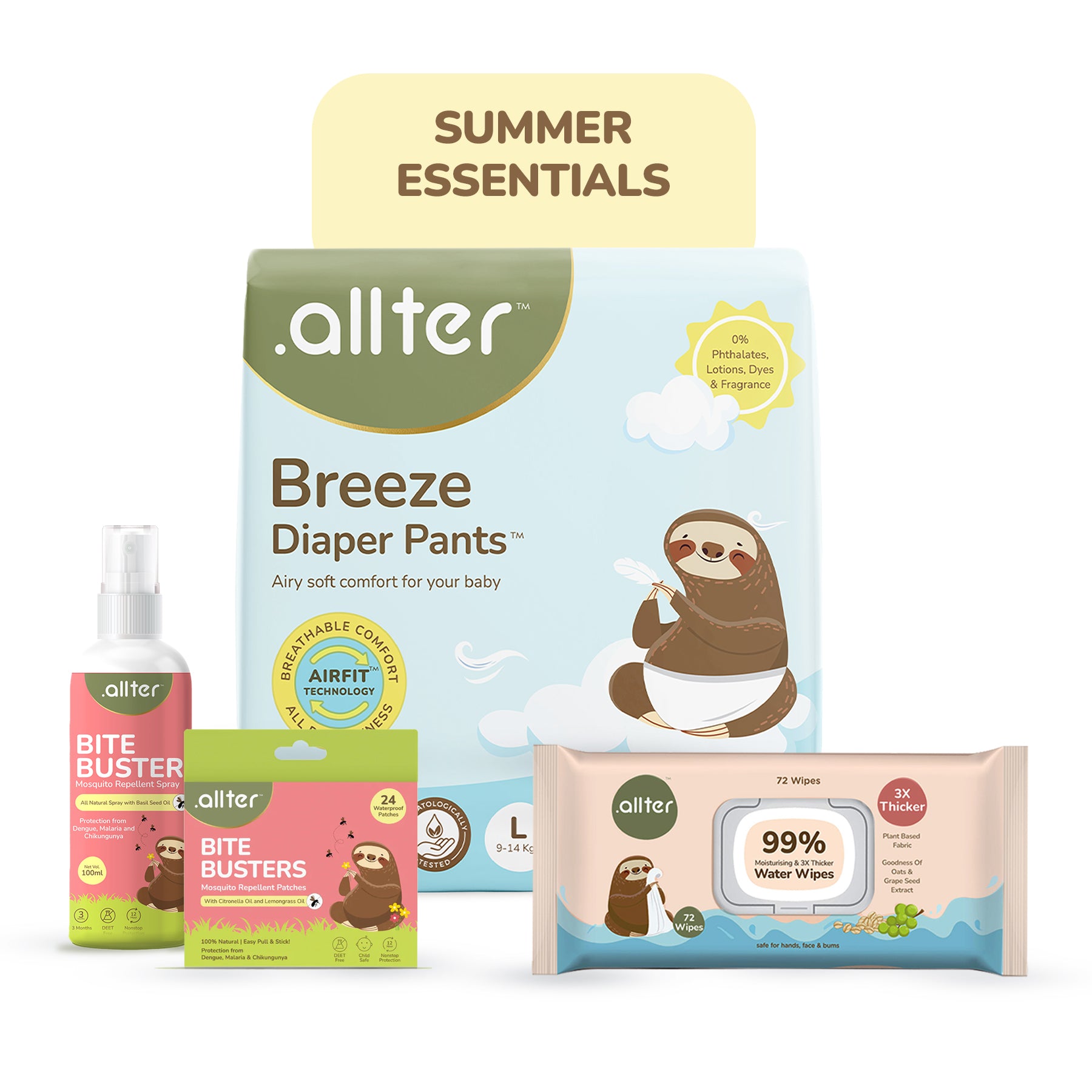 Summer Essentials Combo: Breeze Diapers, 99% Water Baby Wipes & Bite Buster Duo (Pack of 4)